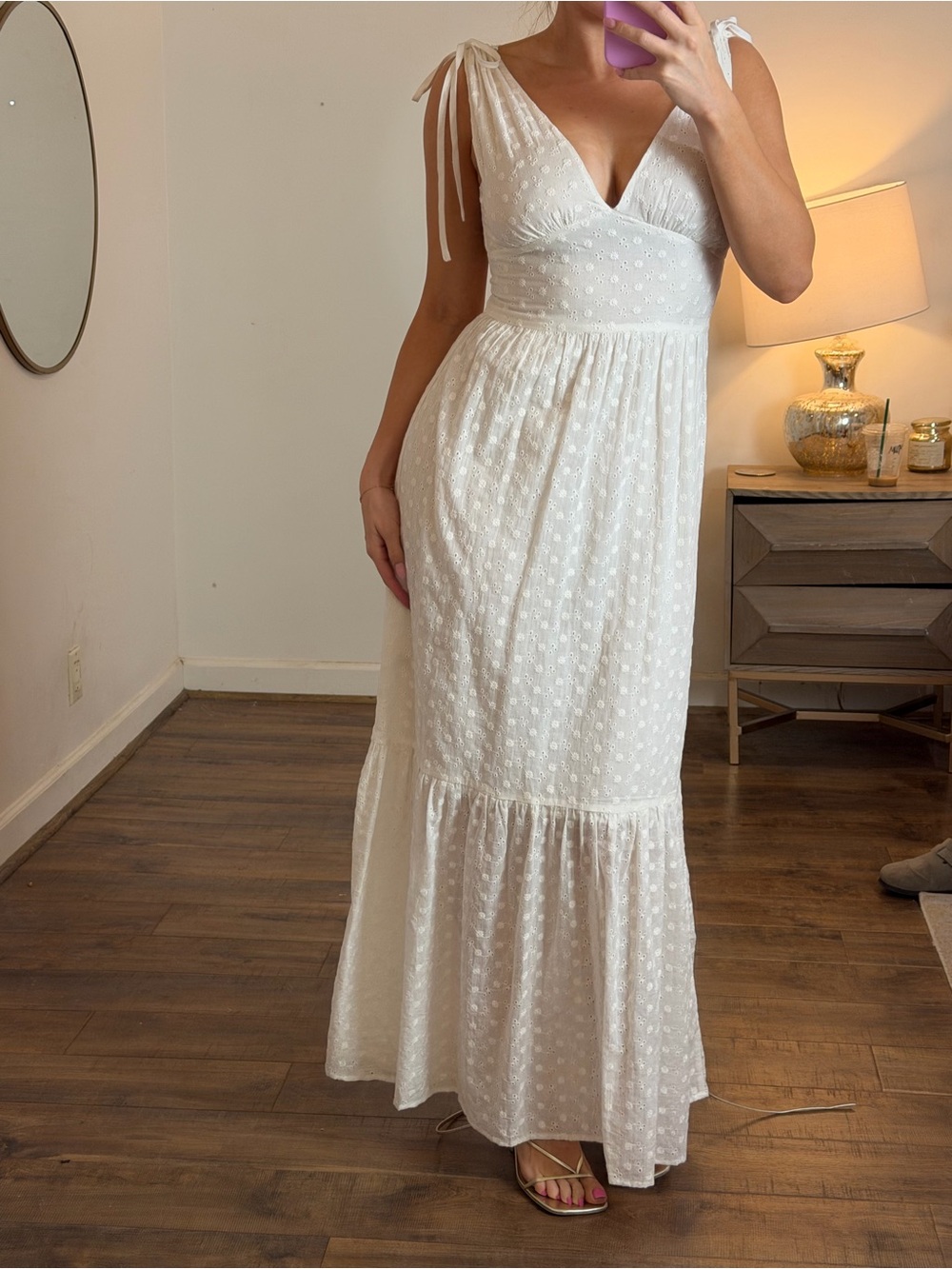 emory park White Eyelet Maxi Dress with V-Back and Tie Shoulders